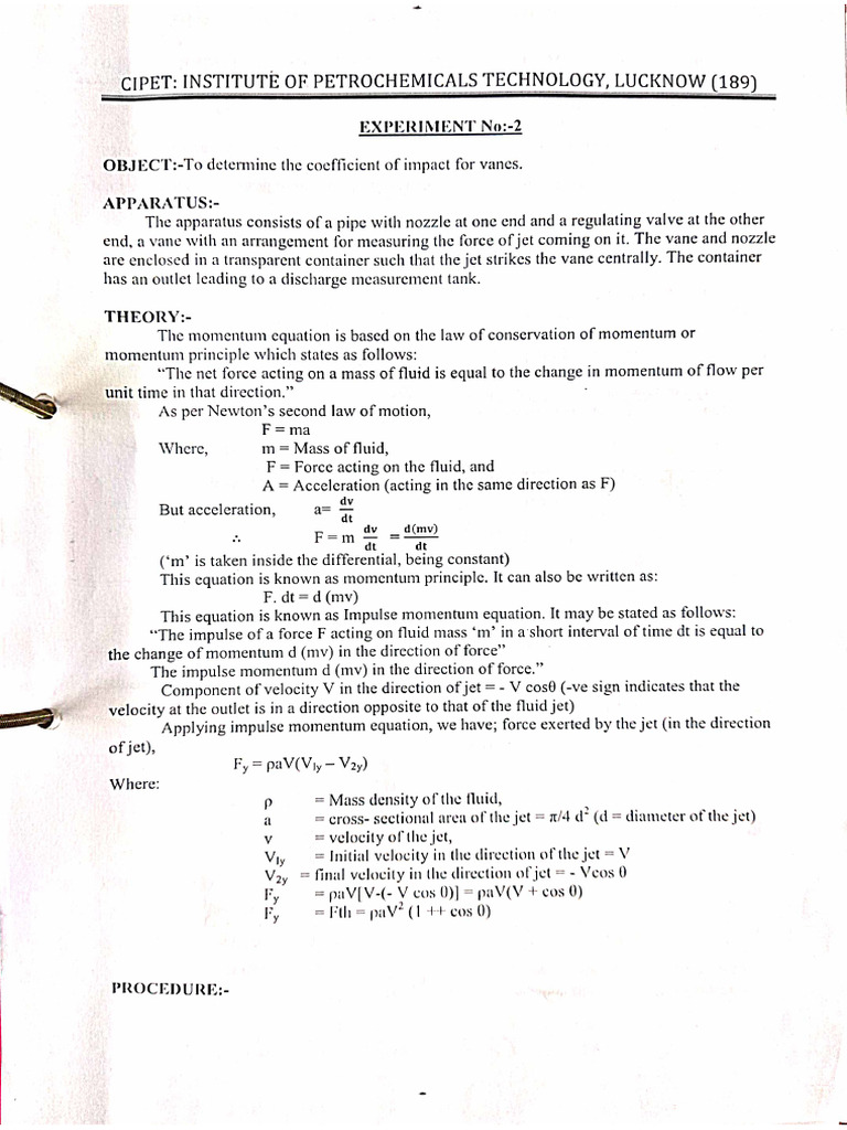 Fluid Mechanics Exp.01Impact of Jet | PDF