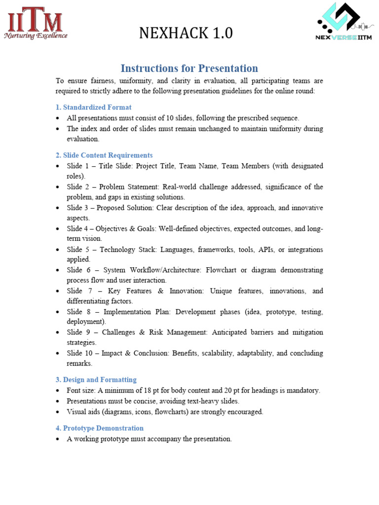 NEXHACK 1.0 Presentation Guidelines | PDF | Prototype | Evaluation