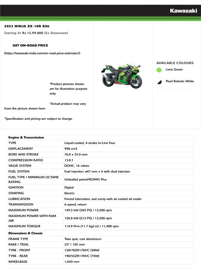 2023 Kawasaki Ninja ZX-10R Specs & Price | PDF | Engines | Motor