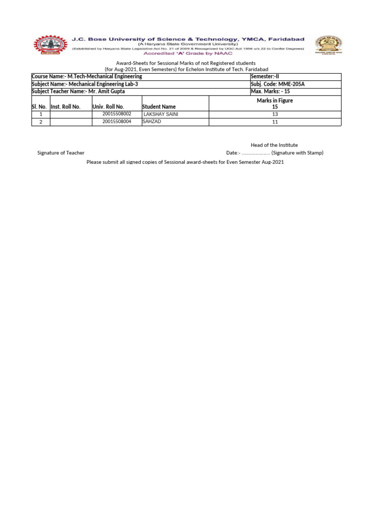 M.Tech Mechanical Engineering Lab Marks | PDF