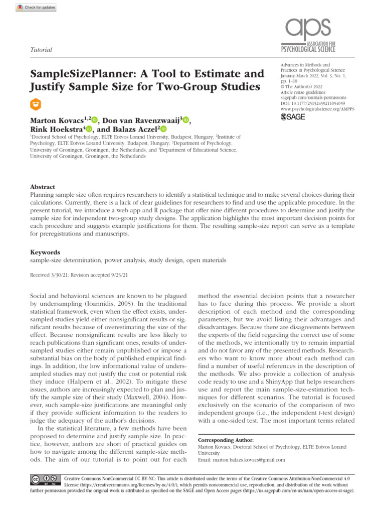 Kovacs Et Al 2022 Samplesizeplanner A Tool To Estimate and Justify ...