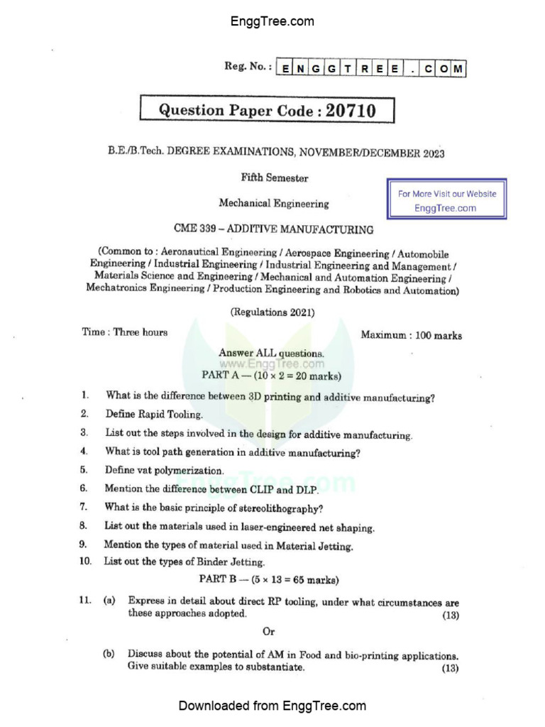 CME339 Additive Manufacturing Nov Dec 2023 Question Paper Download | PDF