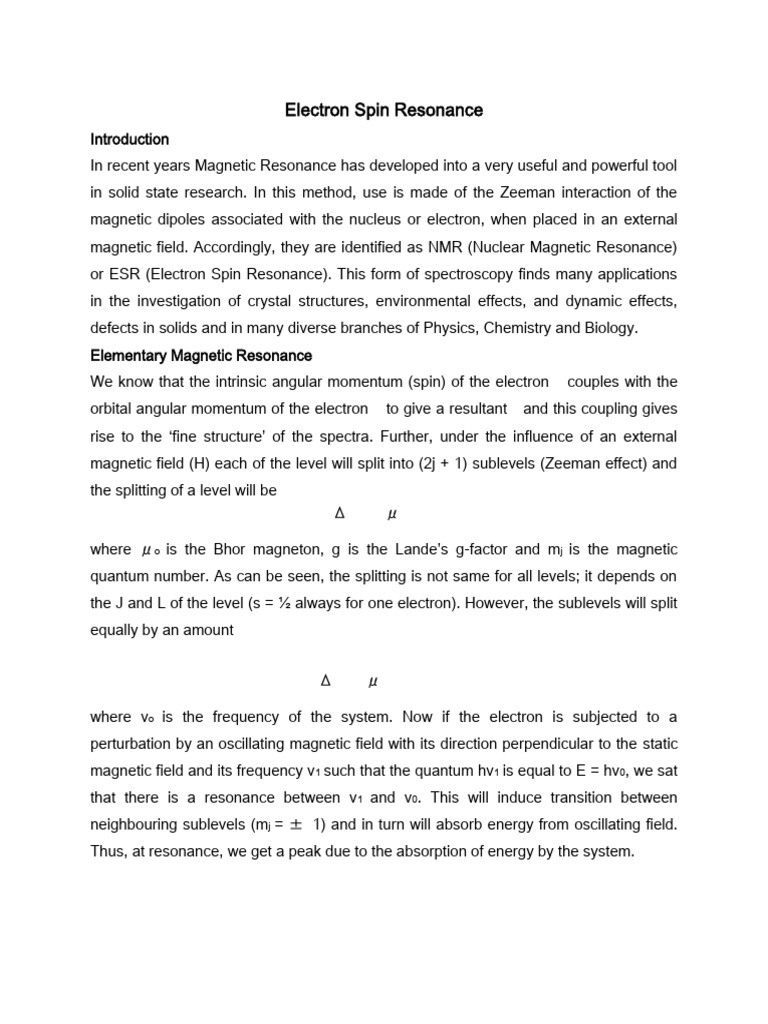 Understanding Electron Spin Resonance | PDF | Nuclear Magnetic ...