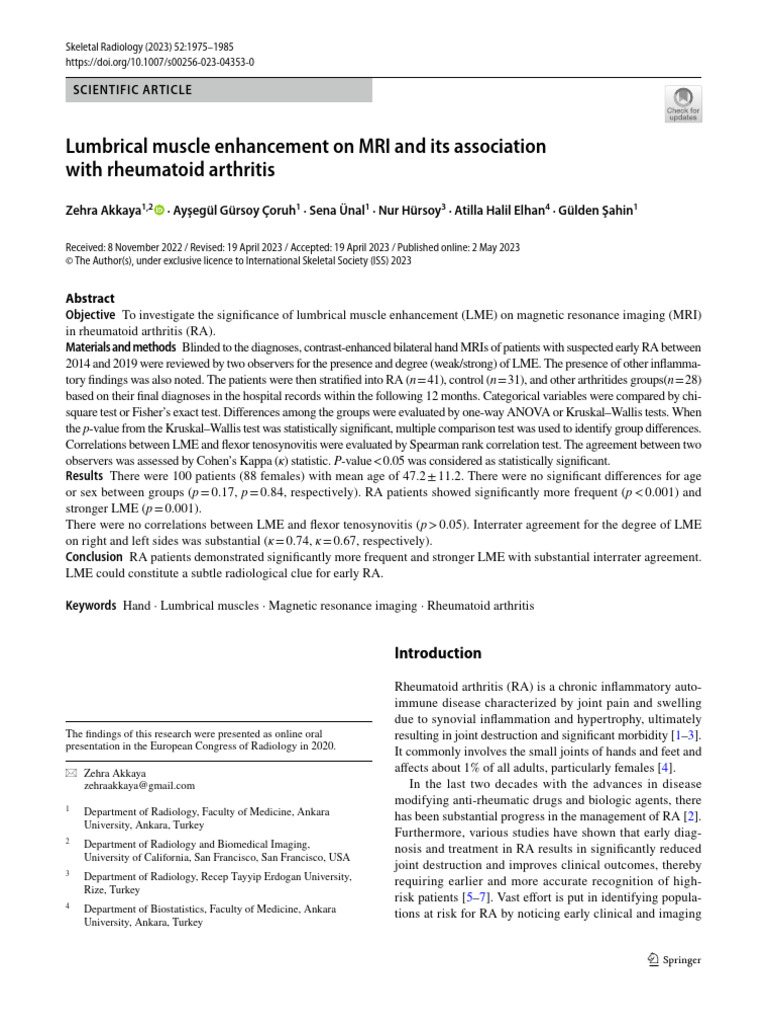 MRI Lumbrical Muscle Enhancement in RA | PDF | Arthritis | Magnetic ...