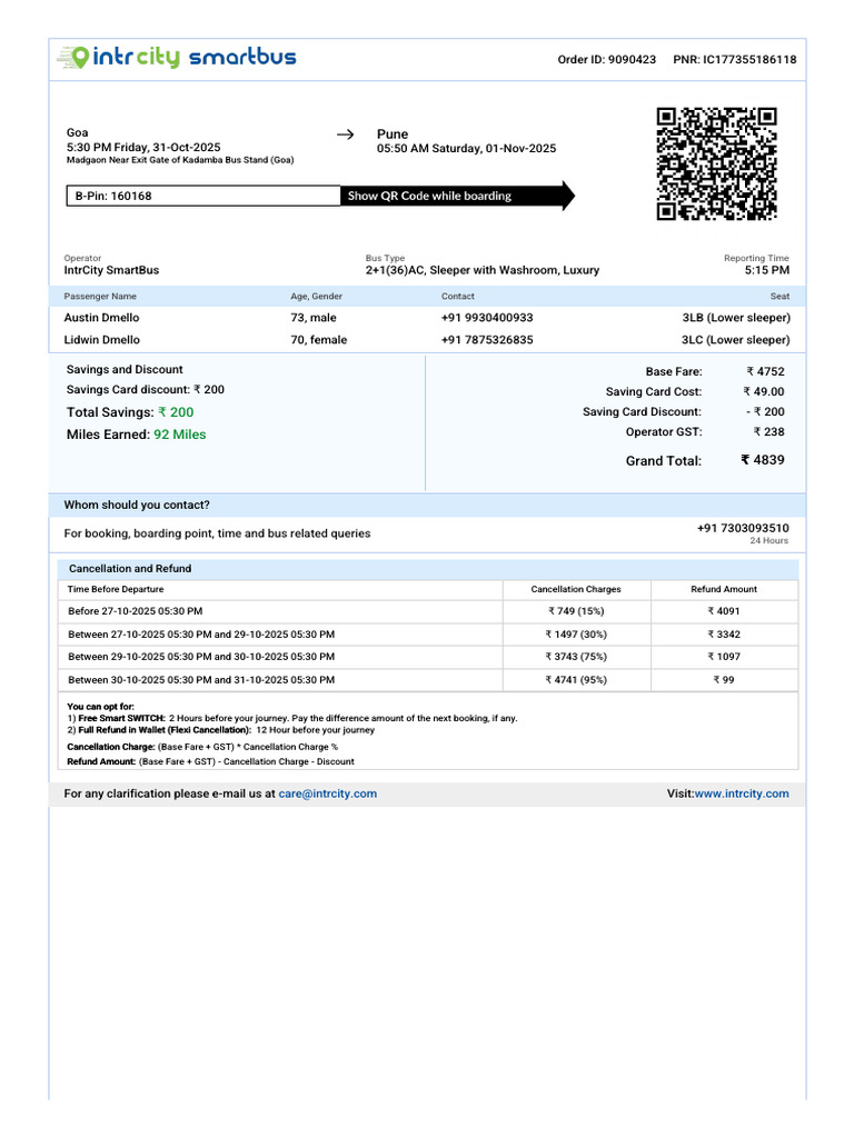 Goa to Pune IntrCity Bus Booking Details | PDF | Banking Technology ...