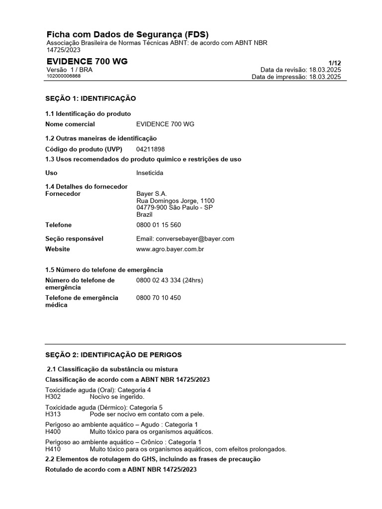 Ficha de Segurança do Inseticida Evidence 700 WG | PDF | Toxicidade ...