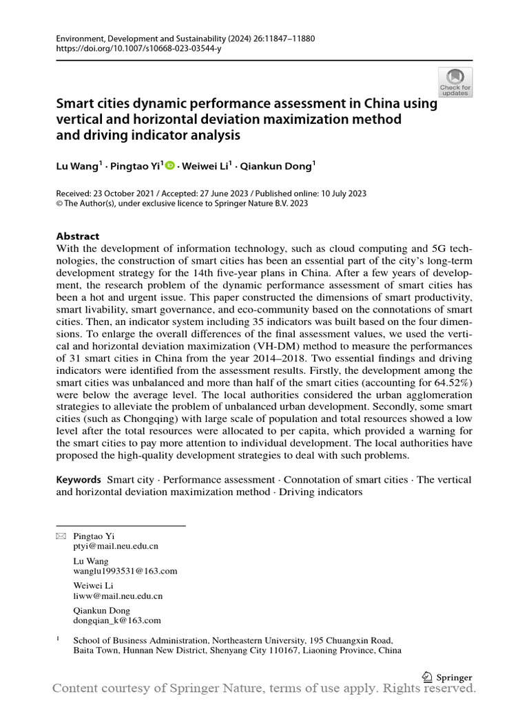Smart Cities Dynamic Performance Assessment in Chi | PDF | Governance ...