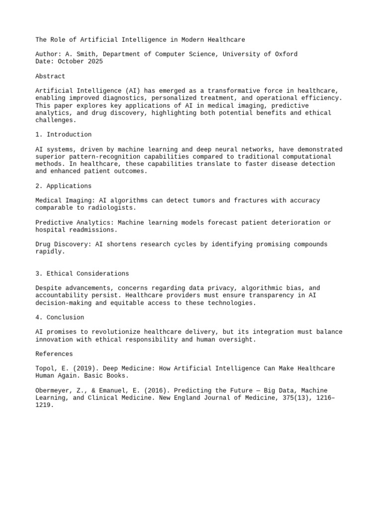 The Role of Artificial Intelligence in Modern Healthcare | PDF