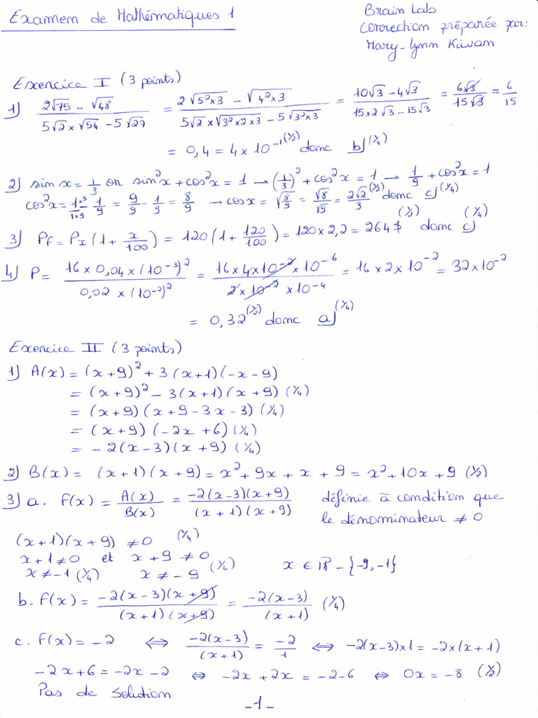 Correction Maths 1 | PDF