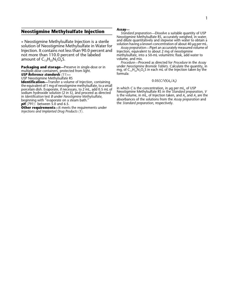 Neostigmine Methylsulfate Injection Guide | PDF | Volume | Assay