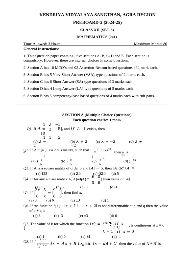 Class XII Mathematics Preboard 2024-25 | PDF | Applied Mathematics ...