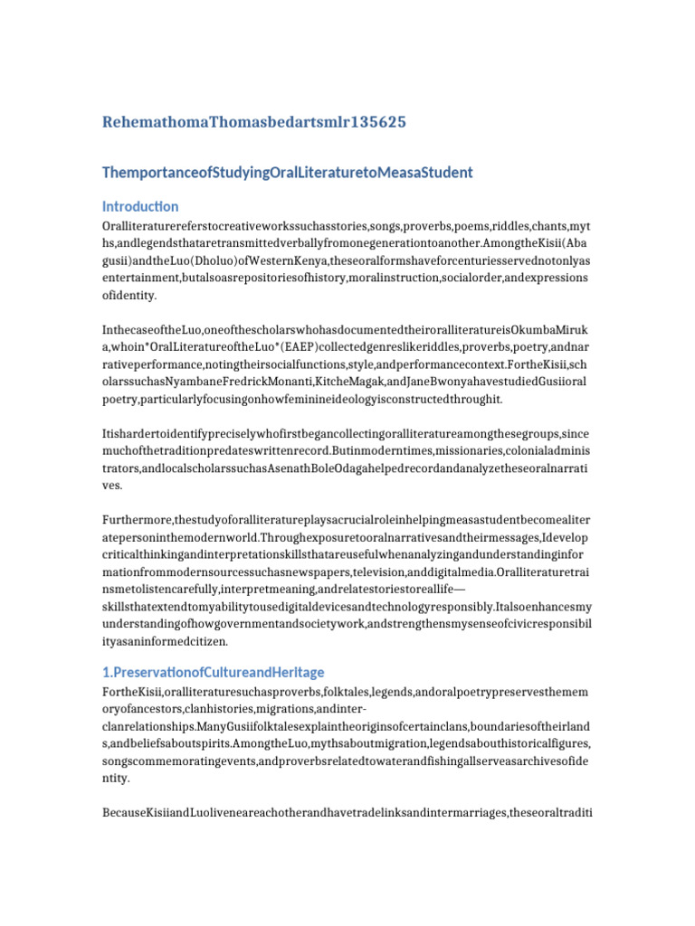 Importance of Oral Literature in Education | PDF | Folklore | Oral ...