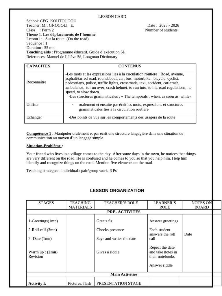 Road Traffic Vocabulary Lesson Plan | PDF | Transport