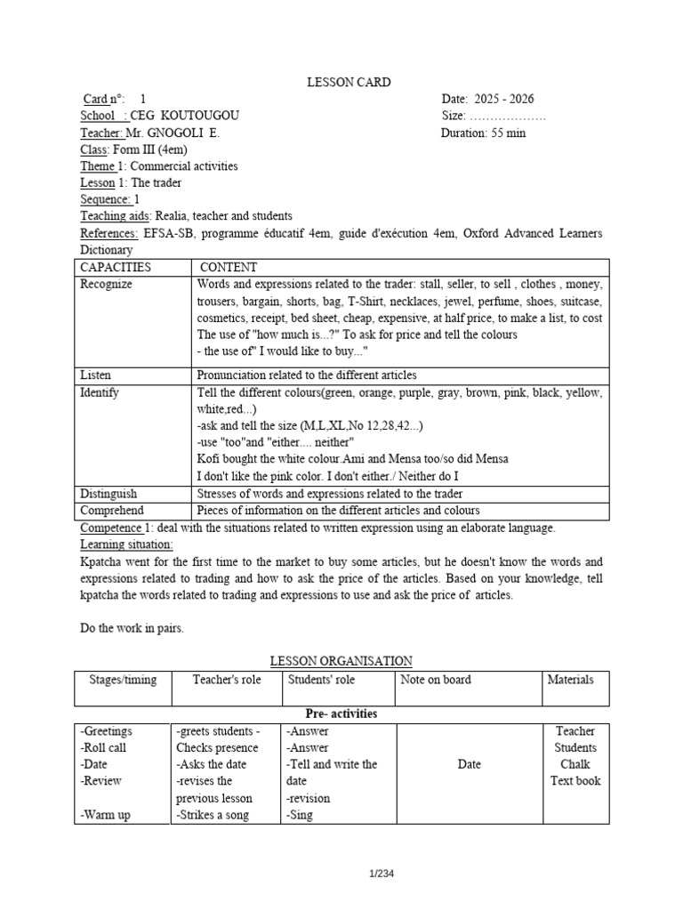 Commercial Activities: Trader Lesson Plan | PDF | Plural | Linguistics