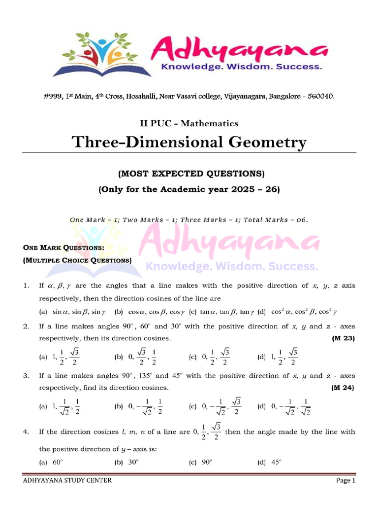 Three Dimensional Geometry - QB (2025 - 26) LG | PDF