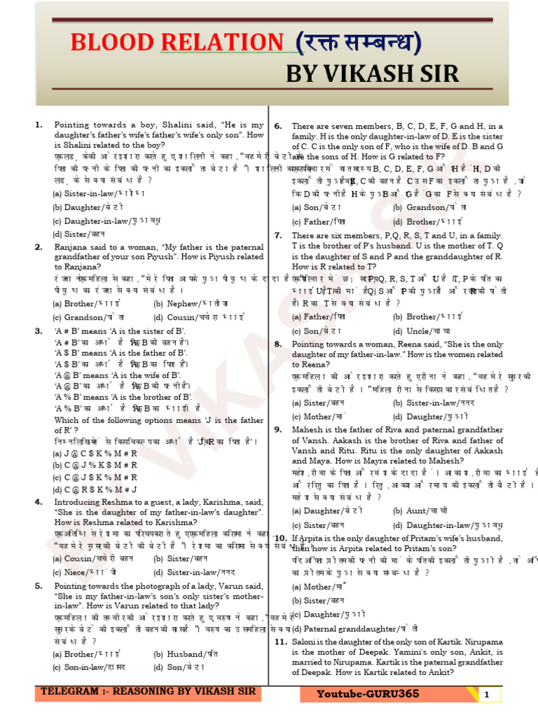 BLOOD RELATION Practice Sheet With Solution | PDF | Kinship And Descent ...
