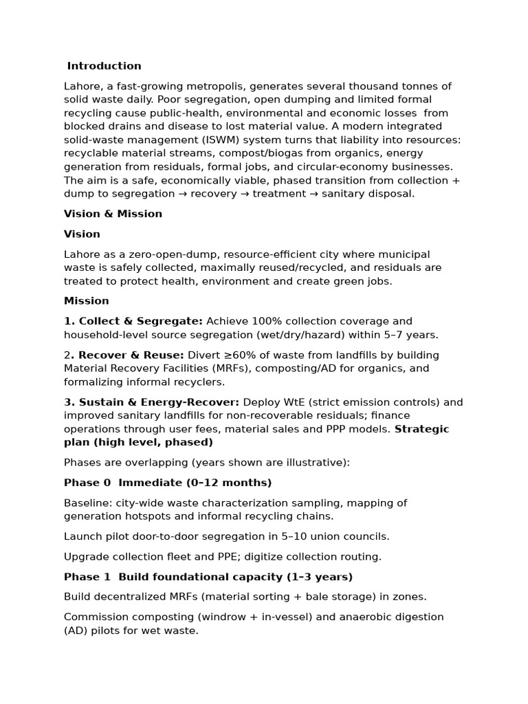 Lahore's Integrated Waste Management Plan | PDF | Recycling | Plastic