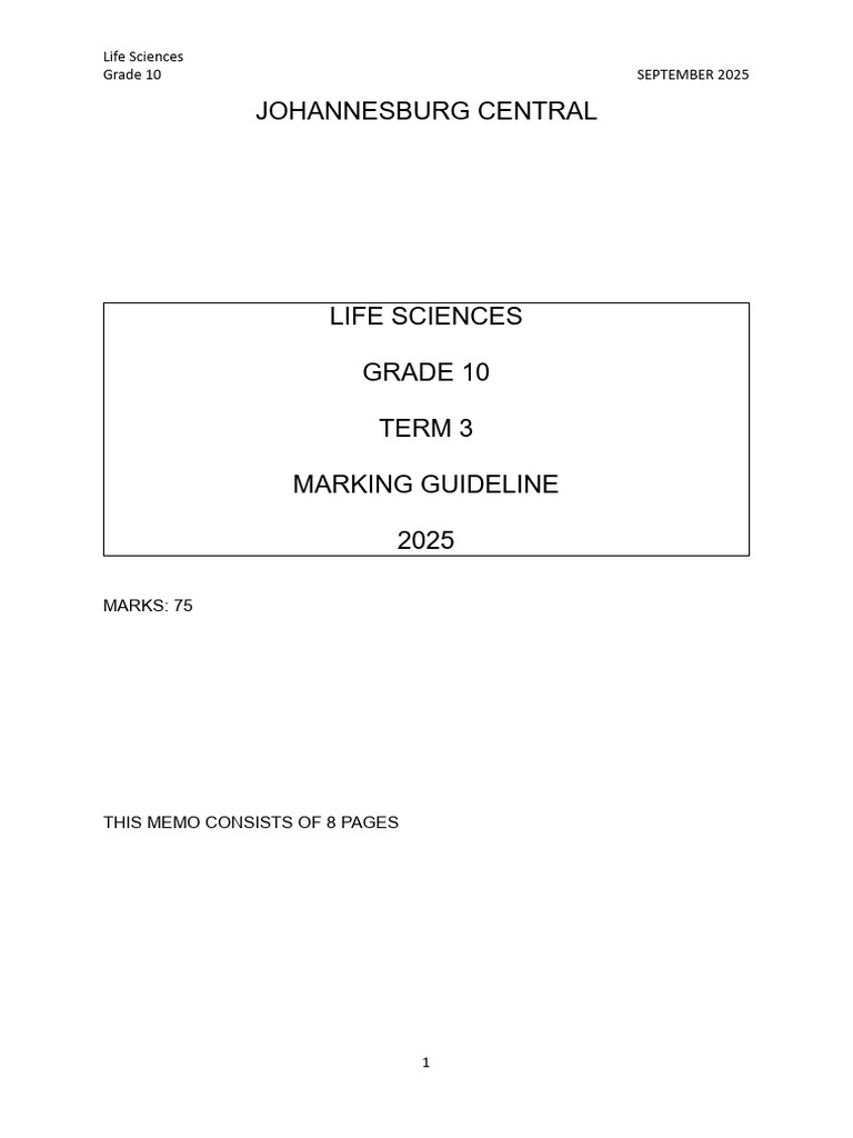 Grade 10 Life Sciences Marking Guide | PDF | Vacuole | Tissue (Biology)
