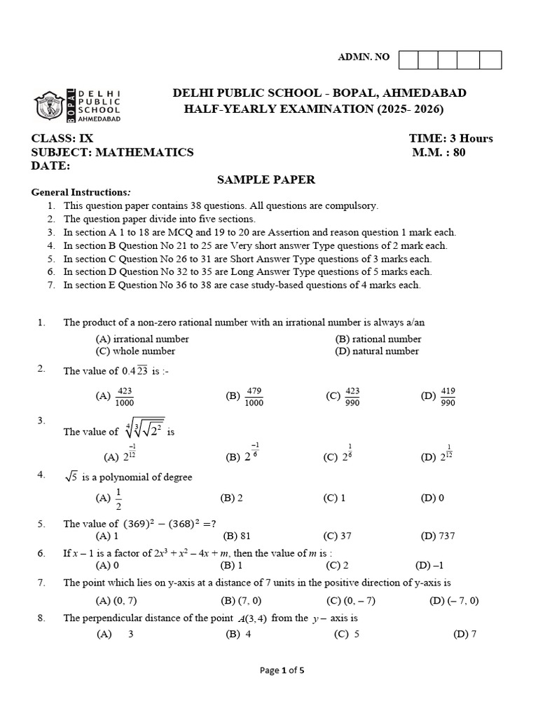 Class IX Mathematics Half-Yearly Exam Paper | PDF | Cartesian ...