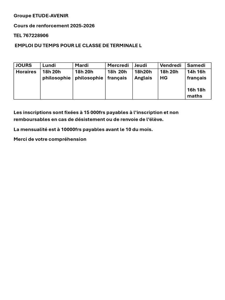Emploi du temps Terminale L 2025-2026 | PDF