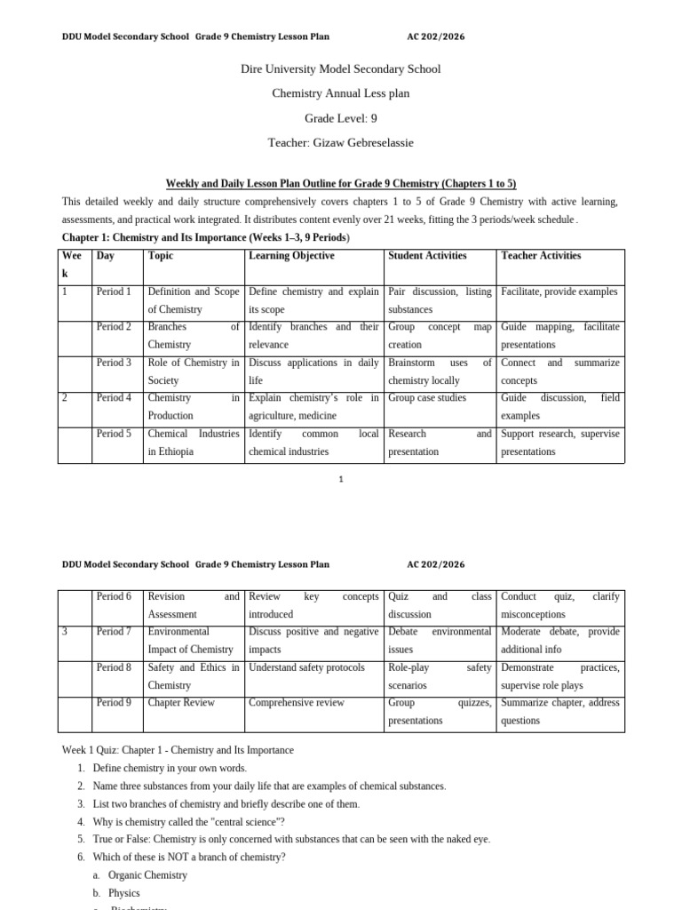 Grade 9 Chemistry Lesson Plan Overview | PDF | Chemical Bond | Ion