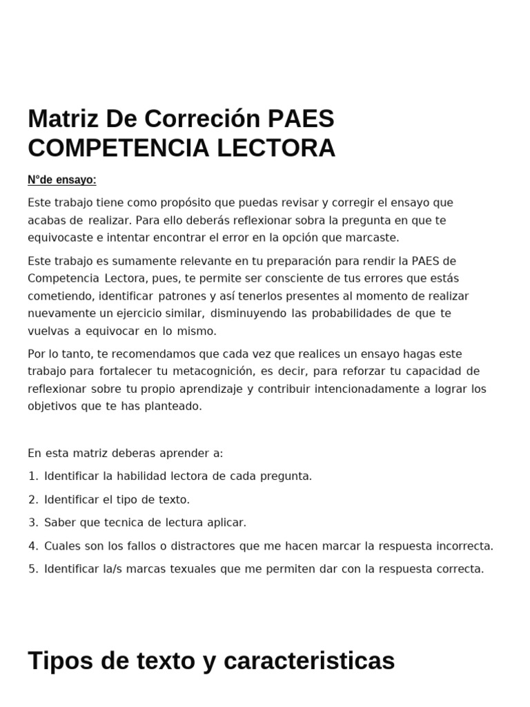 Matriz de Correción PAES COMPETENCIA LECTORA 3 | PDF | Inferencia | Ensayos