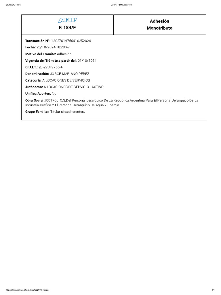 AFIP - Formulario 184 | PDF