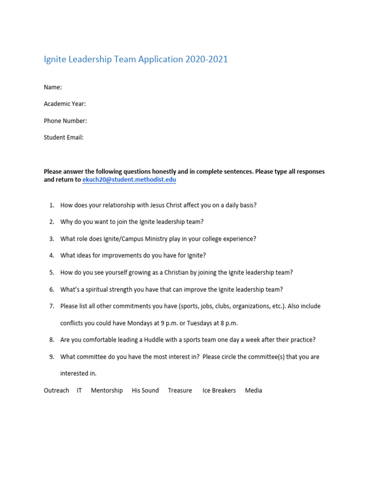 Ignite Leadership Team Application 2021 | PDF