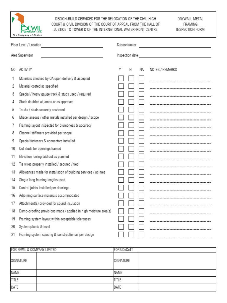 Drywall Metal Framing Inspection Form | PDF
