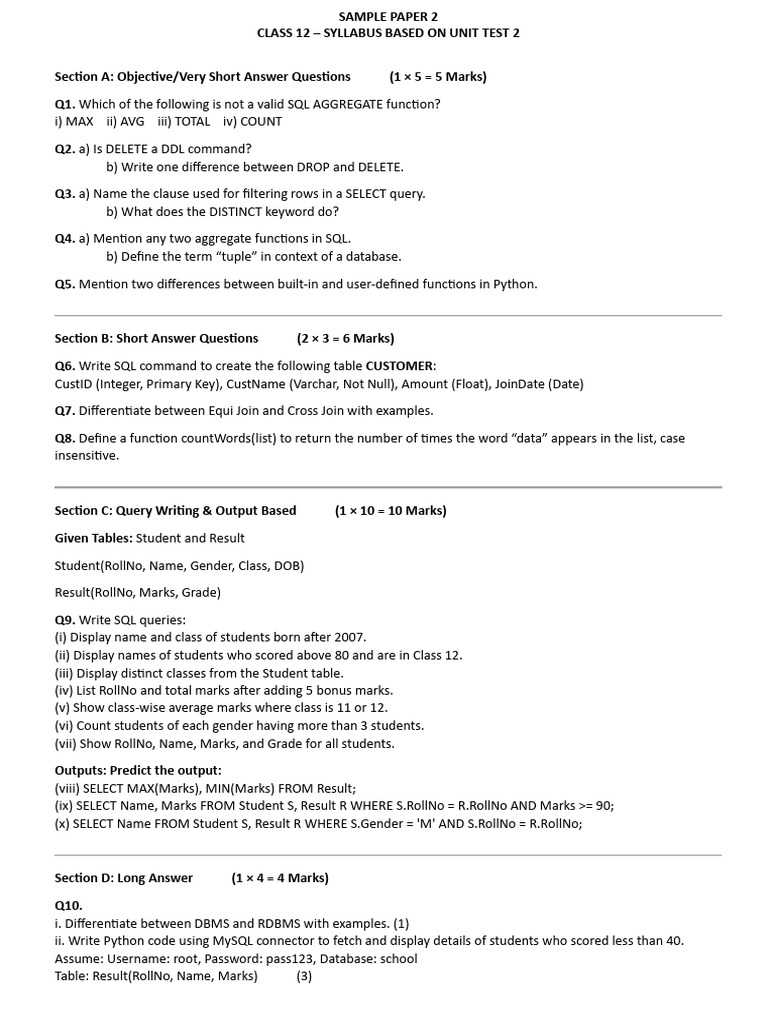 Class 12 SQL & Python Exam Questions | PDF