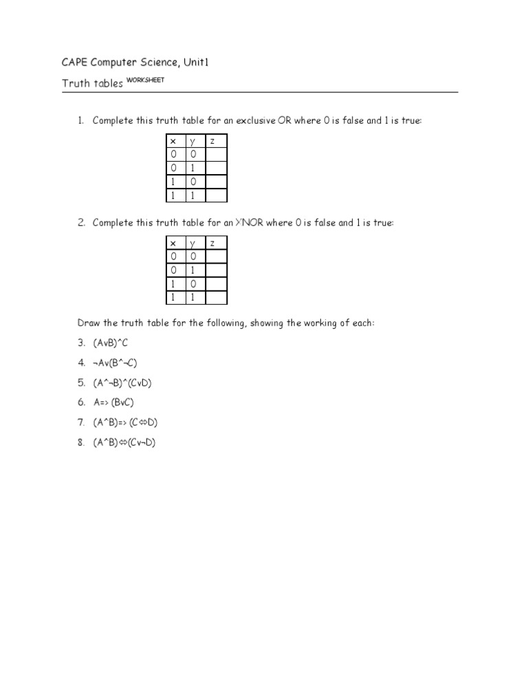 Truth Tables Worksheet | PDF