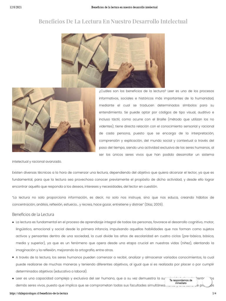 Beneficios de La Lectura en Nuestro Desarrollo Intelectual | PDF ...