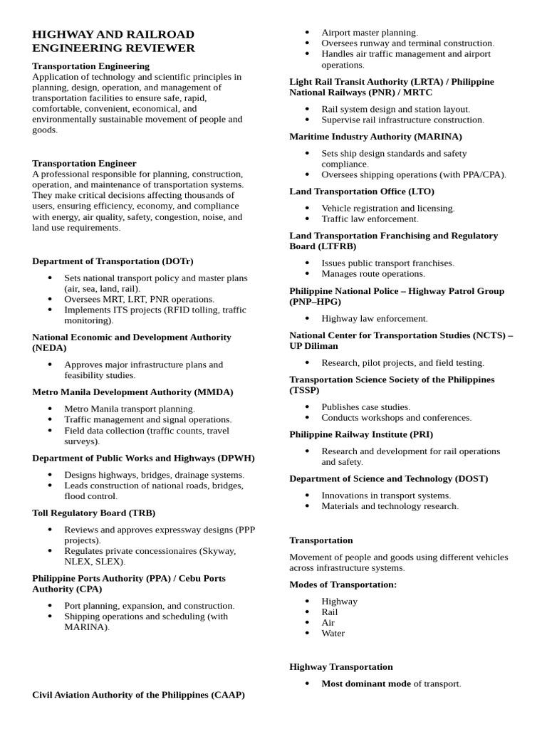 Highway and Railroad Engineering Reviewer | PDF | Transport | Road