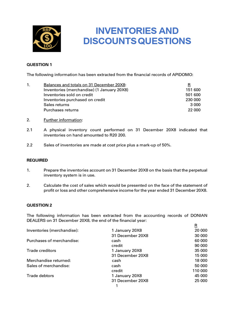 Inventories and Discounts Homework and Practise Questions | PDF | Cost ...