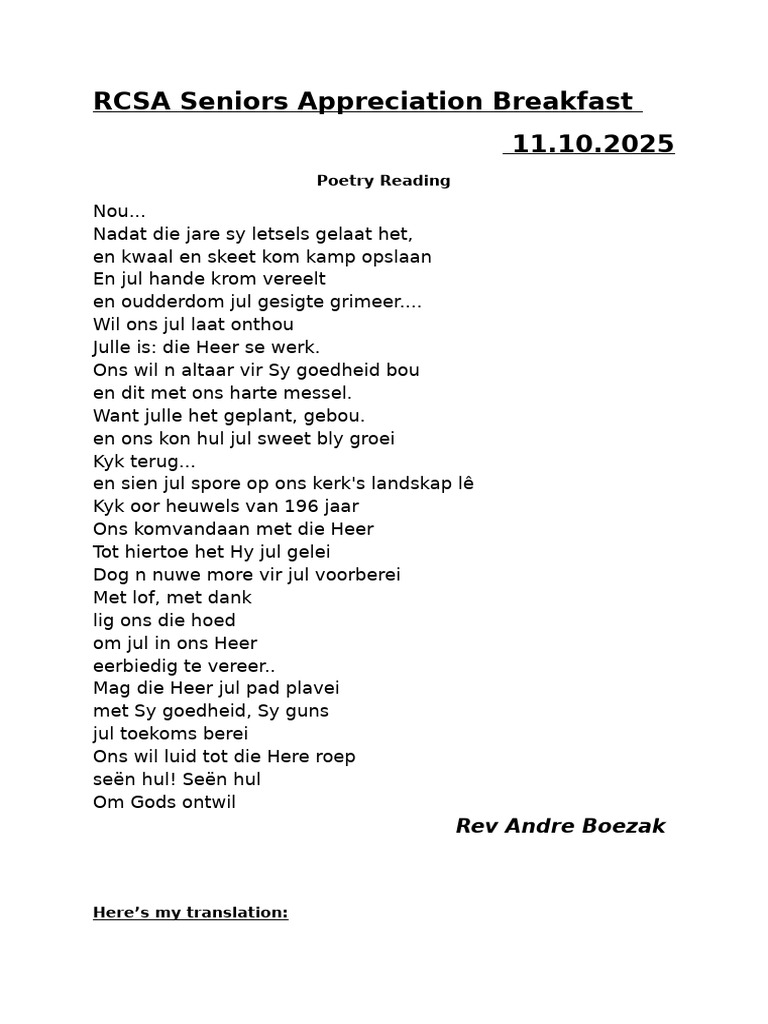 RCSA Seniors Appreciation Breakfast - Poetry Reading | PDF | Theology