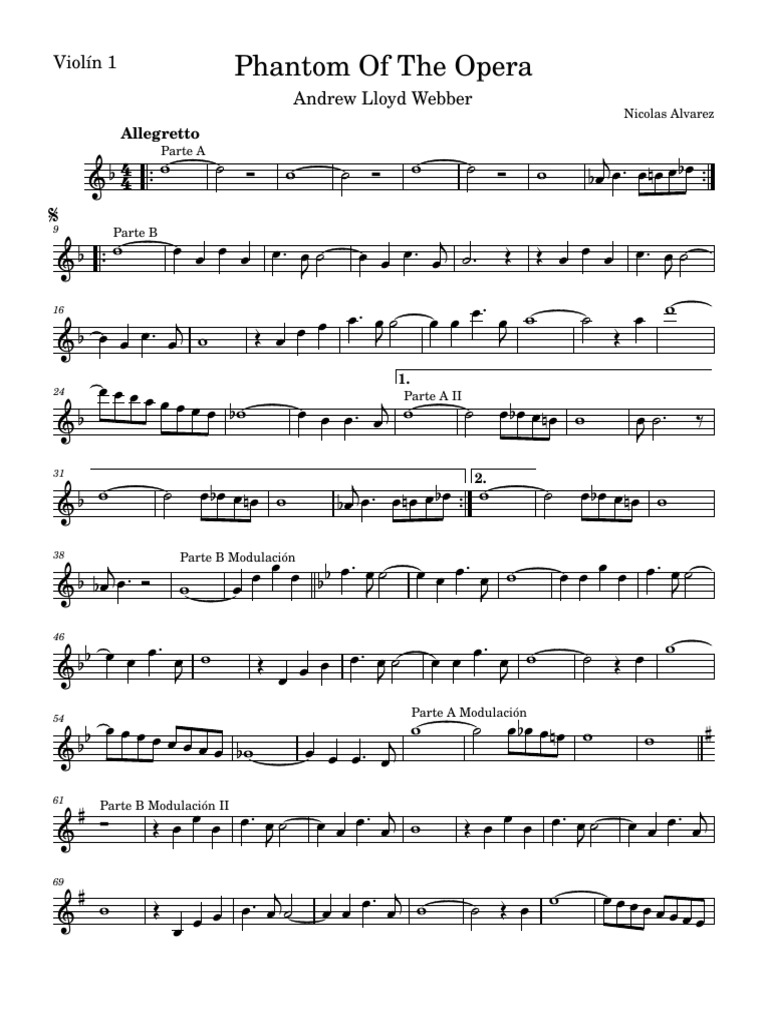 Partitura de Violín: Fantasma de la Ópera | PDF | Musicales | Teatro ...