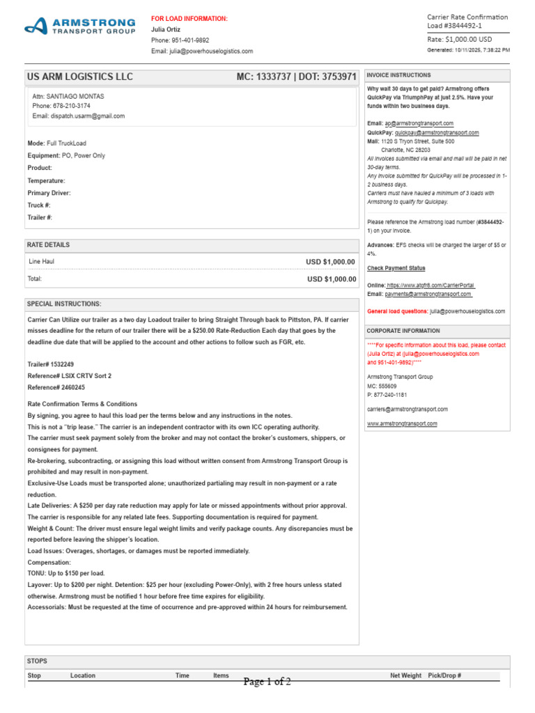 Carrier Rate Confirmation for Load 3844492-1 | PDF | Cargo