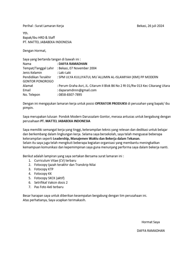 Surat Lamaran Kerja Daffa Ramadhan | PDF