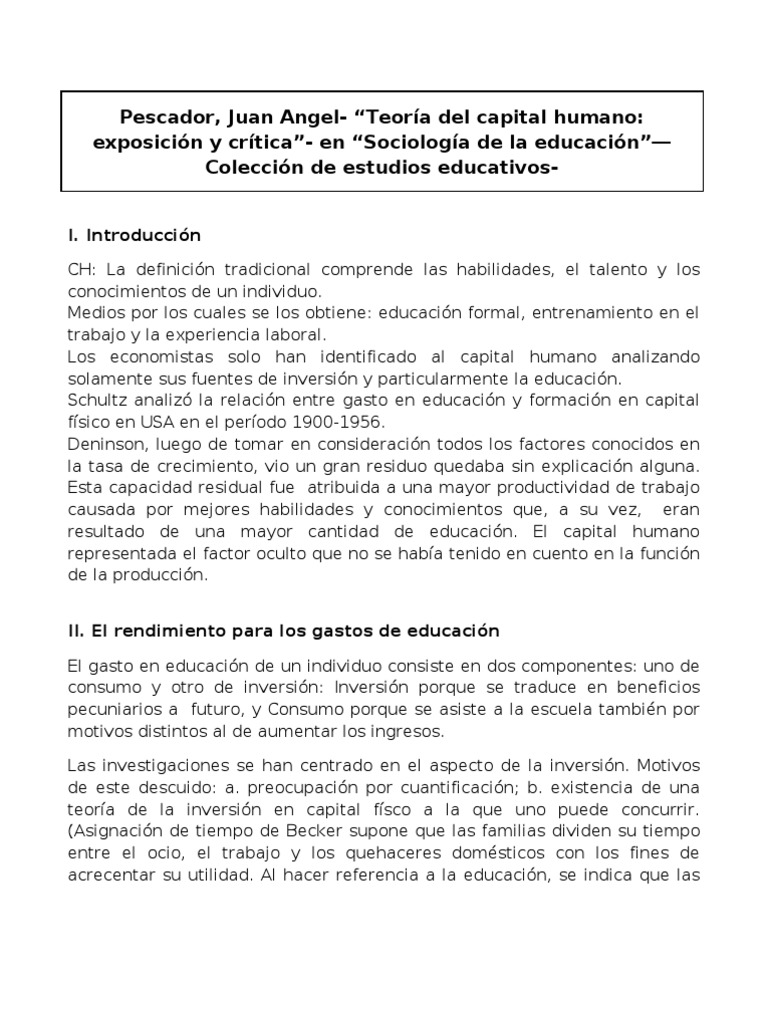 Teoría Del Capital Humano | PDF | Capital humano | Capital (economía)