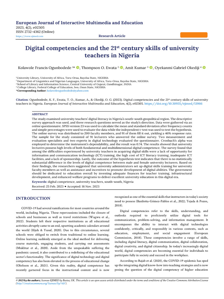 Digital Competencies of Nigerian University Teachers | PDF | P Value ...