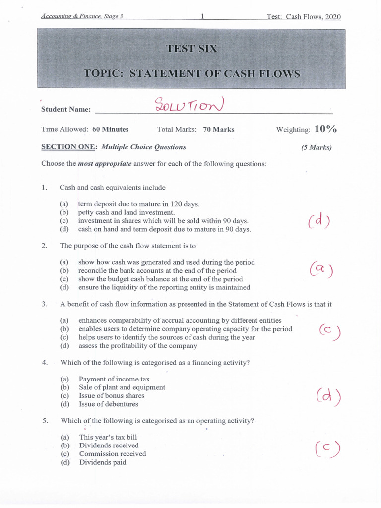 2020 - Solution To TEST 6 (Cash Flow Statements) | PDF