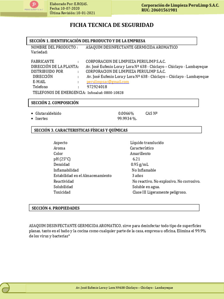 Ficha Técnica ASAQUIM Desinfectante Germicida | PDF | Agua | Sustancias ...
