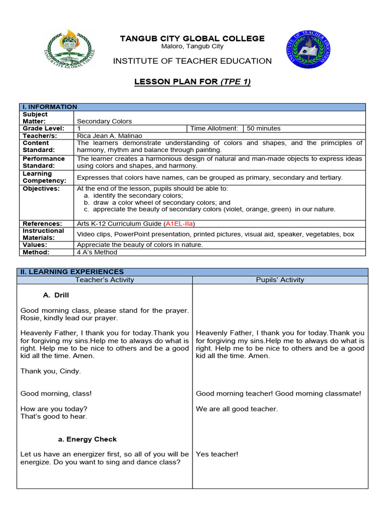 Secondary Colors Lesson Plan for Grade 1 | PDF | Color | Lesson Plan