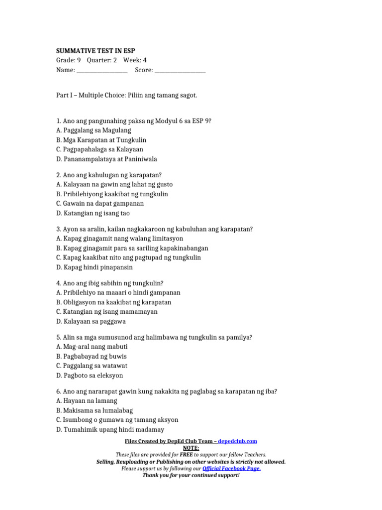 Summ - Test Esp 9 q2 w4 | PDF