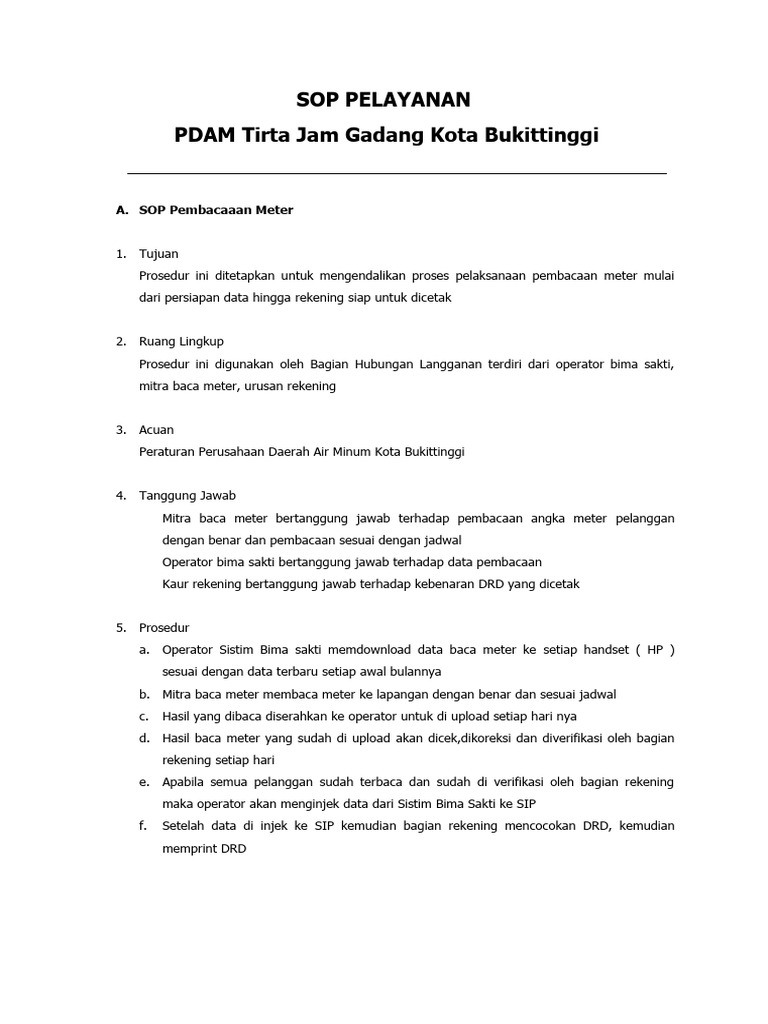 SOP Pelayanan PDAM Bukittinggi | PDF