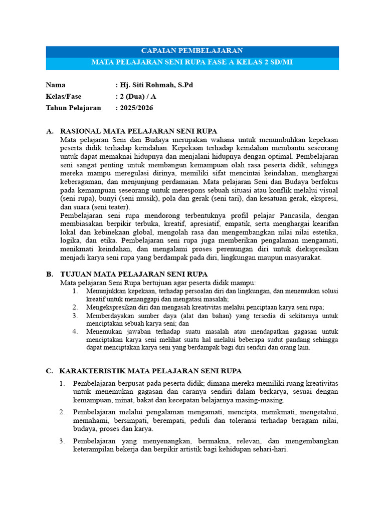 Capaian Pembelajaran Seni Rupa Kelas 2 | PDF