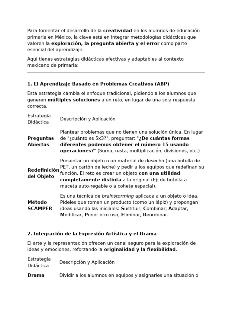 Para Fomentar El Desarrollo de La Creatividad en Los Alumnos de ...