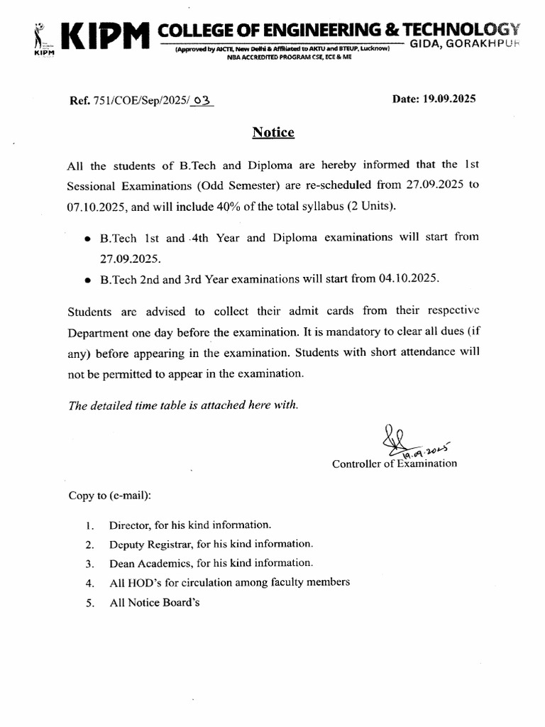 2025-26 Revised Exam Schedule B.Tech | PDF | Engineering | Electronic ...