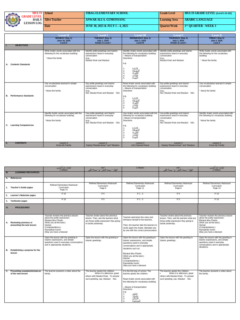 Multi-Grade Arabic Lesson Plan | PDF | Arabic | Vocabulary
