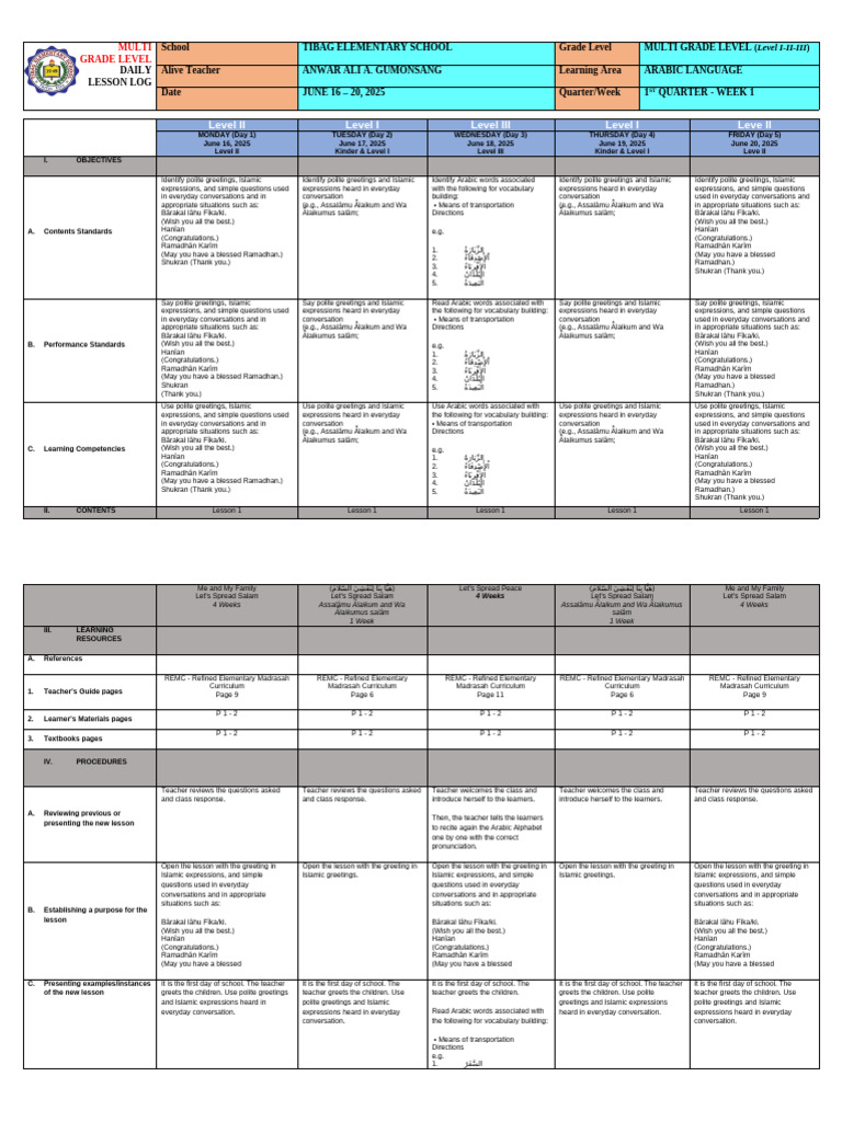 Multi-Grade Arabic Lesson Plan | PDF | Curriculum | Allah
